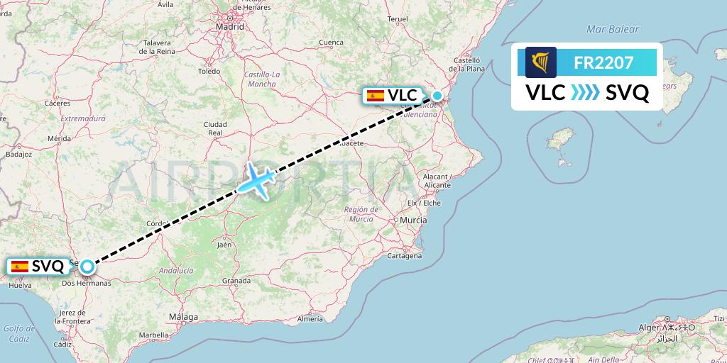 FR2207 Ryanair Flight Map: Valencia to Seville
