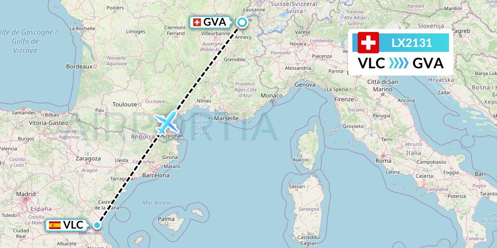 LX2131 Swiss Flight Map: Valencia to Geneva