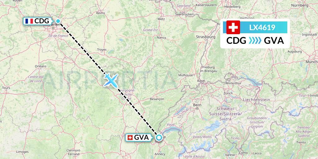 LX4619 Swiss Flight Map: Paris to Geneva