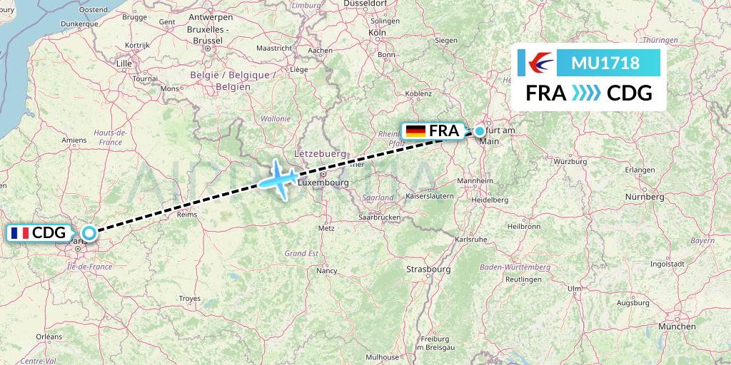 MU1718 China Eastern Airlines Flight Map: Frankfurt to Paris