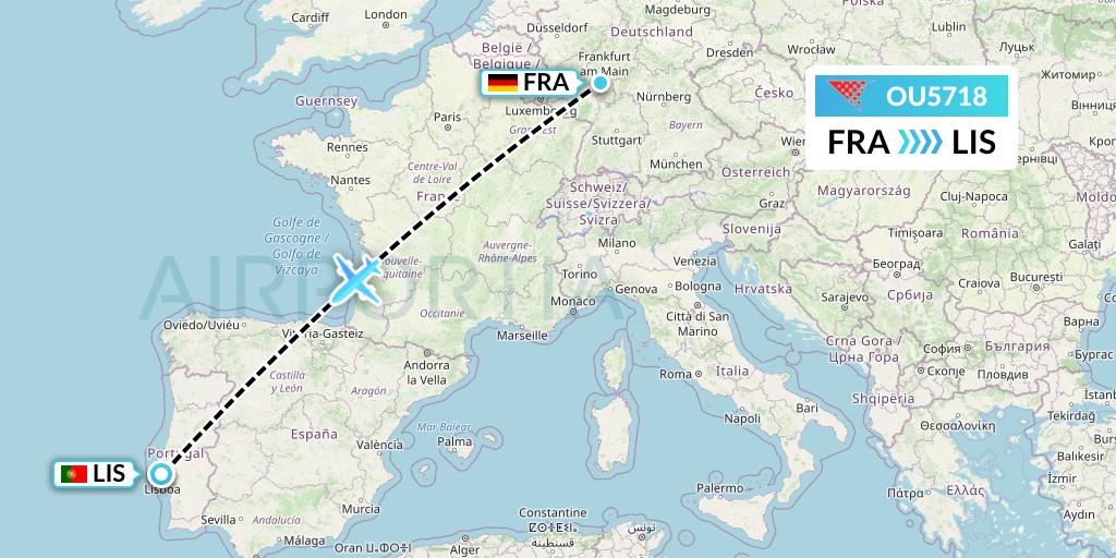 OU5718 Croatia Airlines Flight Map: Frankfurt to Lisbon