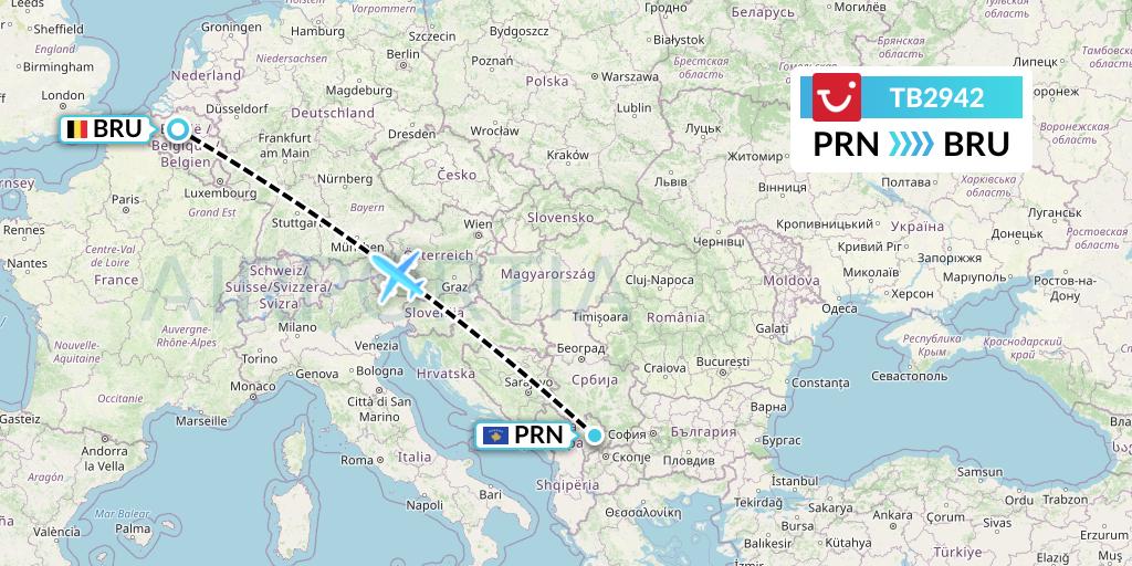 TB2942 TUI fly Belgium Flight Map: Pristina to Brussels