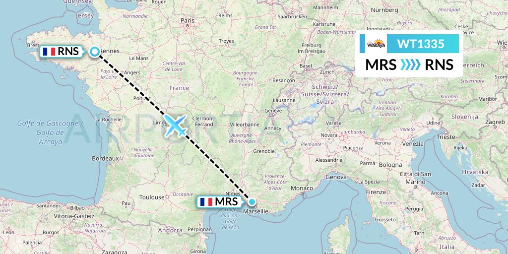 WT1335 Swiftair Flight Map: Marseille to Rennes