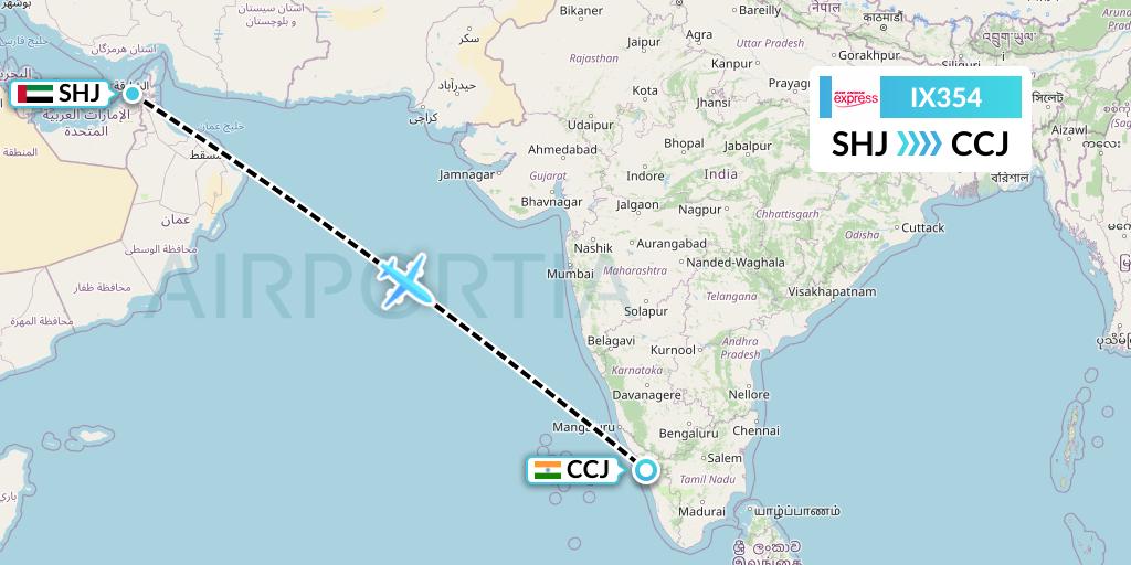 IX354 Air India Express Flight Map: Sharjah to Kozhikode