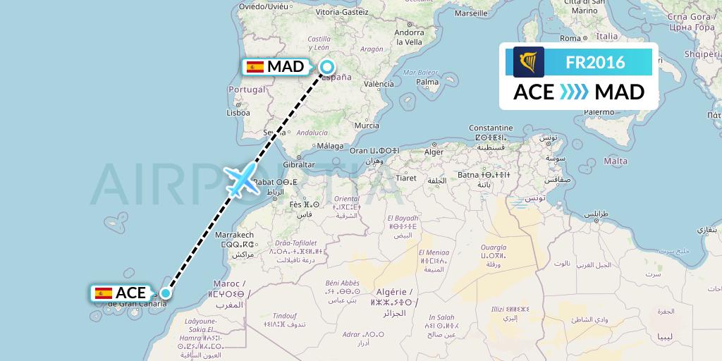 FR2016 Ryanair Flight Map: Lanzarote to Madrid