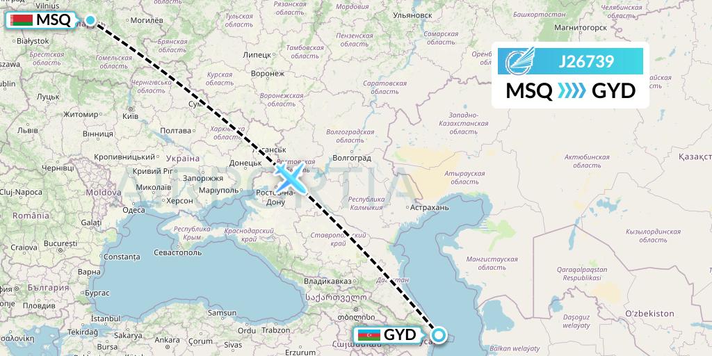 J26739 Azerbaijan Airlines Flight Map: Minsk to Baku