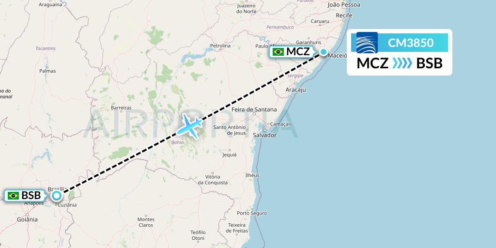 CM3850 Copa Airlines Flight Map: Maceio to Brasilia