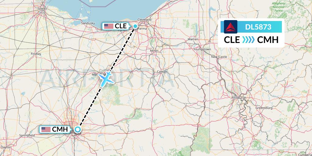 DL5873 Delta Air Lines Flight Map: Cleveland to Columbus