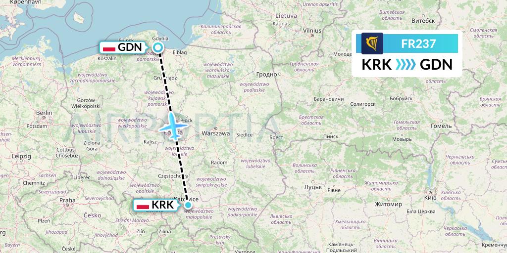 FR237 Ryanair Flight Map: Krakow to Gdansk