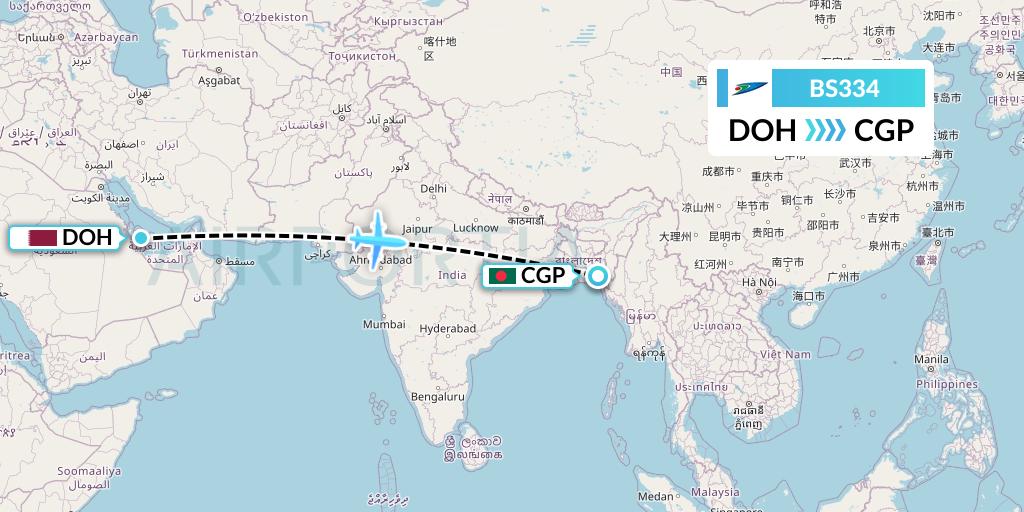 BS334 US-Bangla Airlines Flight Map: Doha to Chittagong