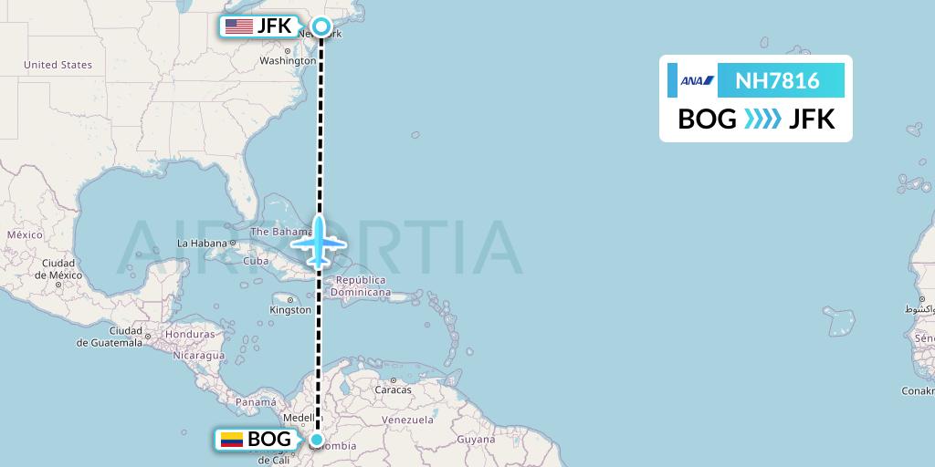 NH7816 All Nippon Airways Flight Map: Bogota to New York