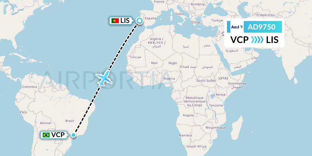 AD9750 Azul Brazilian Airlines Flight Map: Campinas to Lisbon