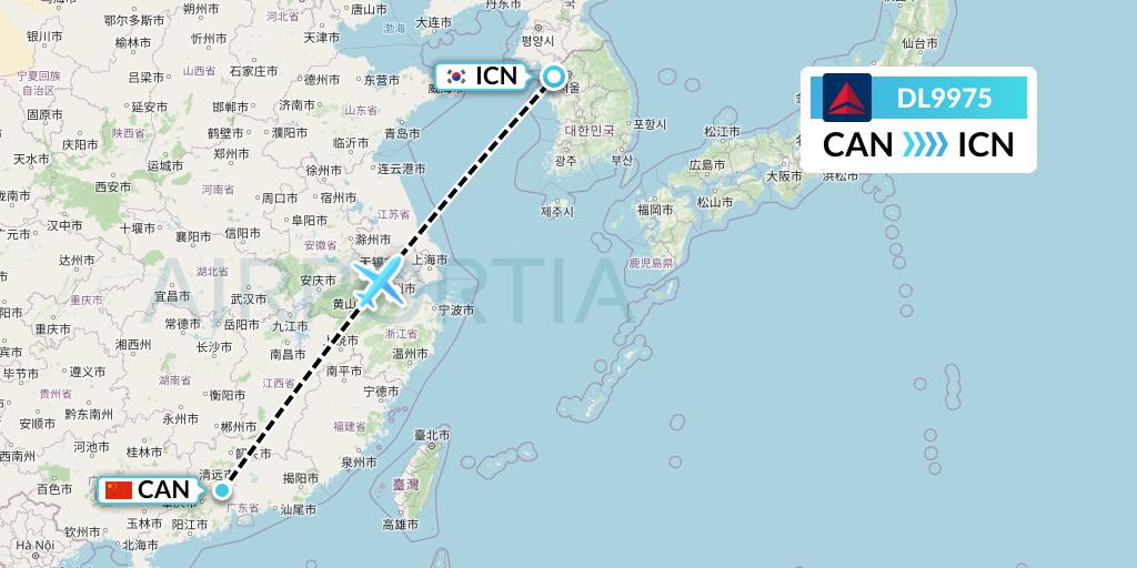 DL9975 Delta Air Lines Flight Map: Guangzhou to Seoul