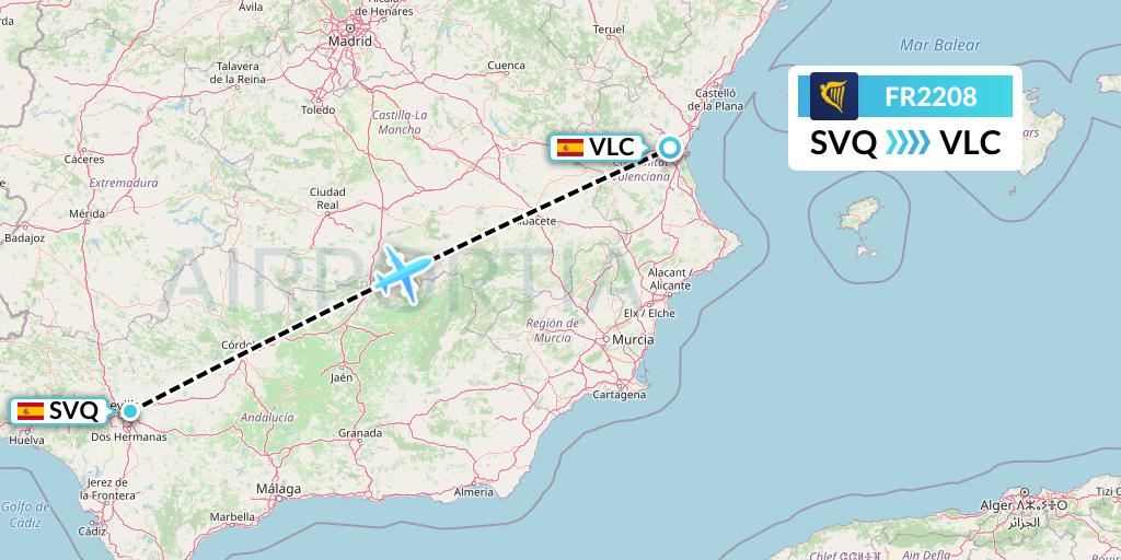 FR2208 Ryanair Flight Map: Seville to Valencia