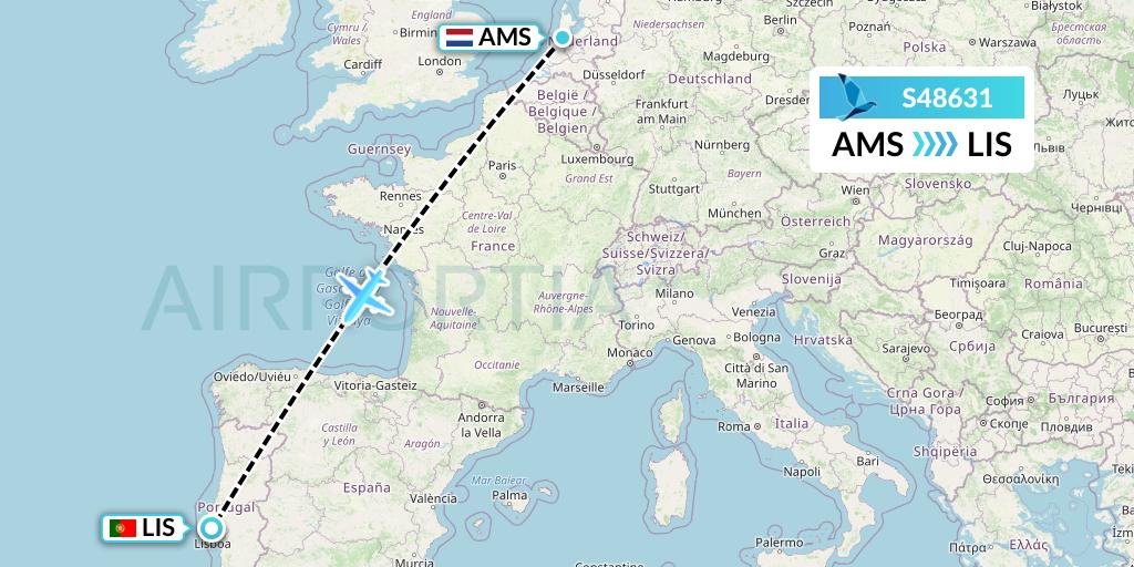 S48631 Azores Airlines Flight Map: Amsterdam to Lisbon