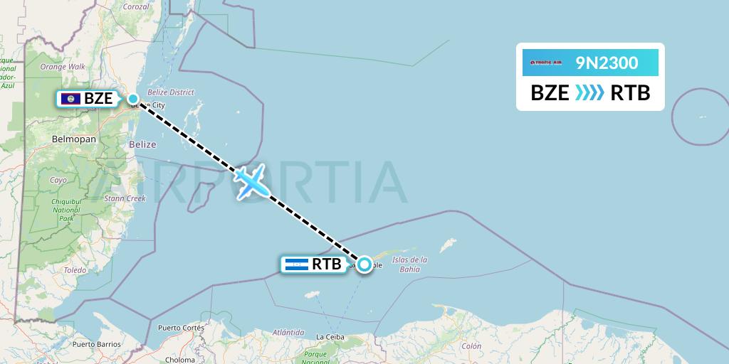 9N2300 Tropic Air Flight Map: Belize City to Roatan