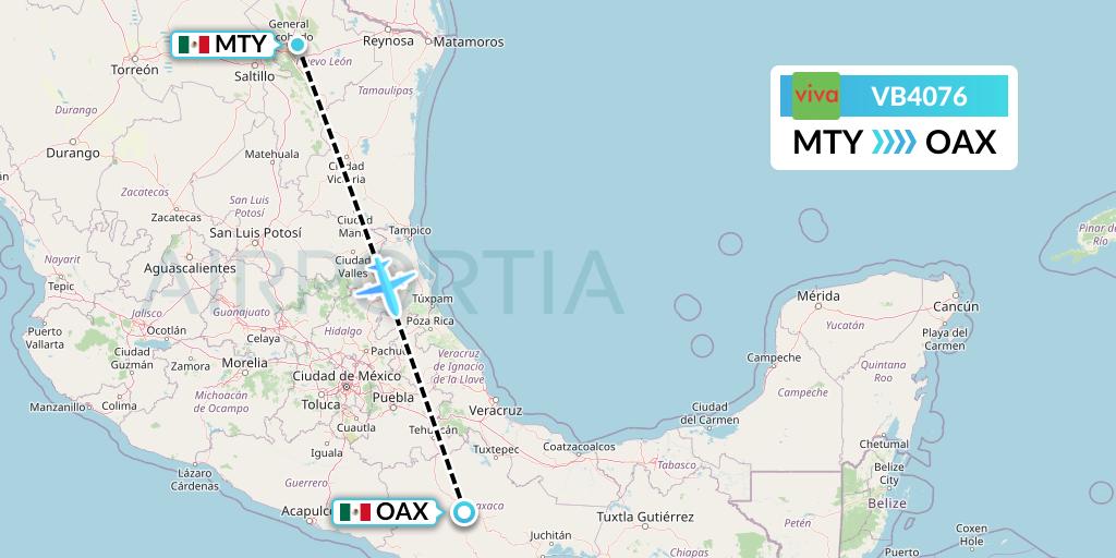 VB4076 VivaAerobus Flight Map: Monterrey to Oaxaca