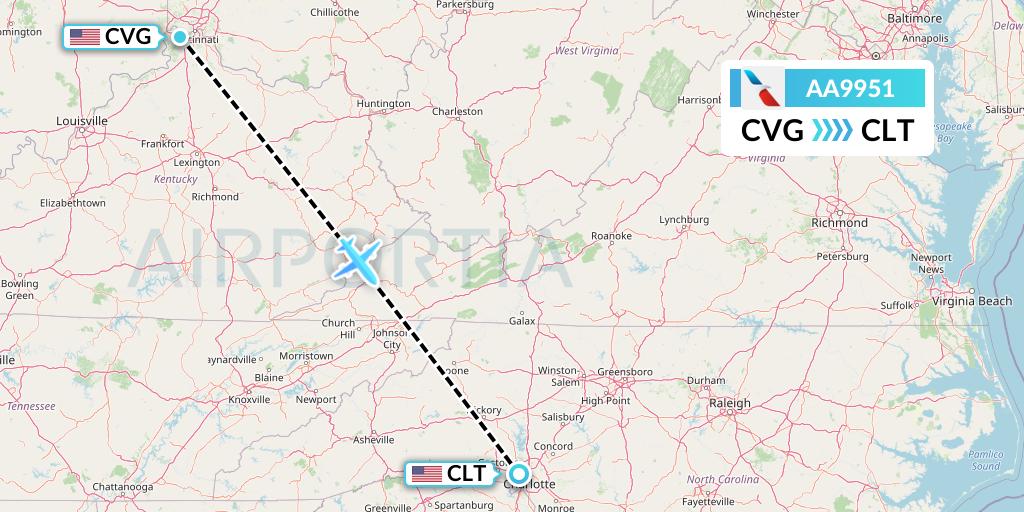 AA9951 American Airlines Flight Map: Cincinnati to Charlotte