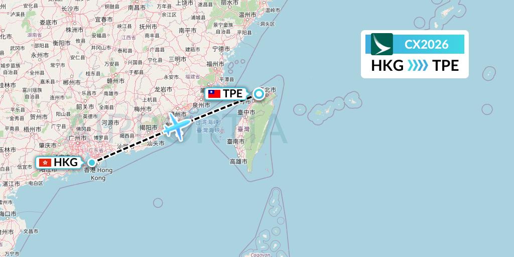 CX2026 Cathay Pacific Flight Map: Hong Kong to Taipei