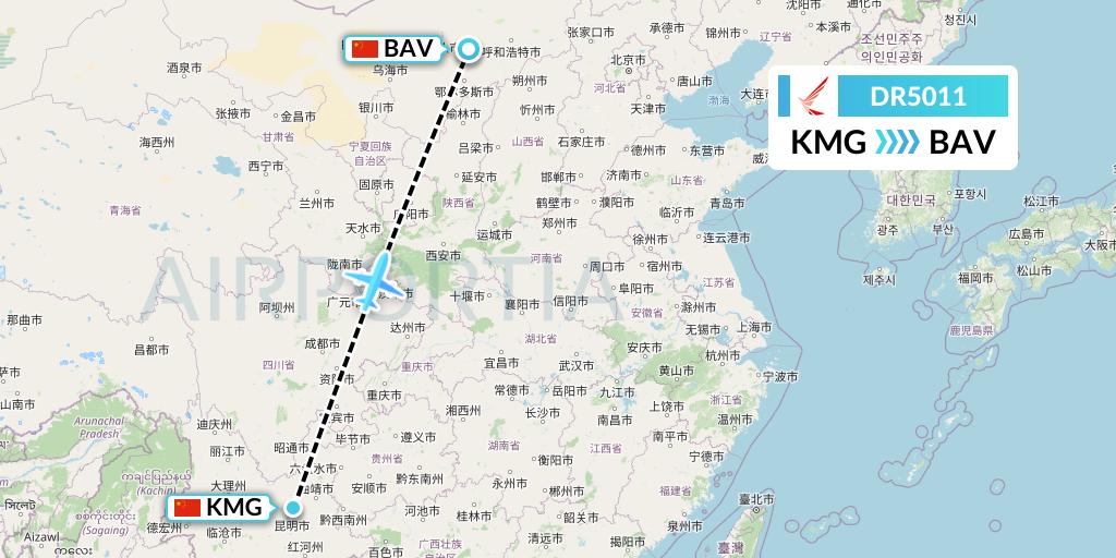DR5011 Ruili Airlines Flight Map: Kunming to Baotou