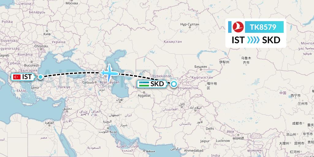 TK8579 Turkish Airlines Flight Map: Istanbul to Samarkand
