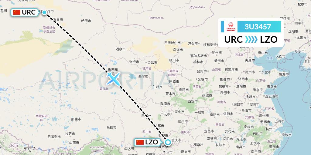 3U3457 Sichuan Airlines Flight Map: Urumqi to Luzhou