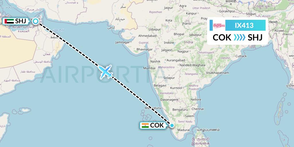 IX413 Air India Express Flight Map: Cochin to Sharjah
