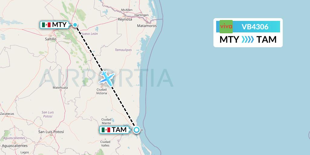 VB4306 VivaAerobus Flight Map: Monterrey to Tampico
