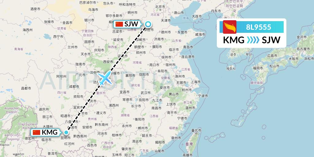 8L9555 Lucky Air Flight Map: Kunming to Shijiazhuang