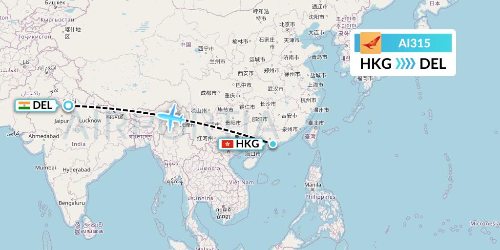 AI315 Air India Flight Map: Hong Kong to Delhi
