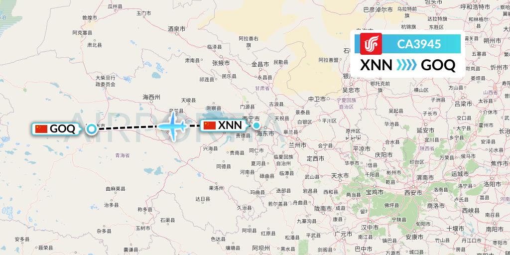 CA3945 Air China Flight Map: Xining to Golmud