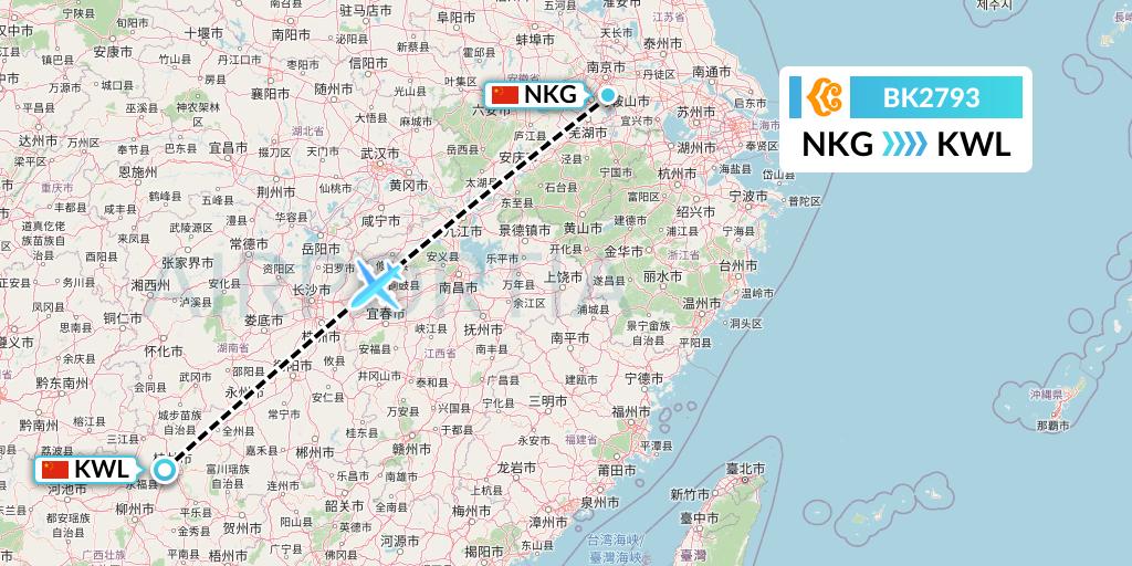 BK2793 Okay Airways Flight Map: Nanjing to Guilin