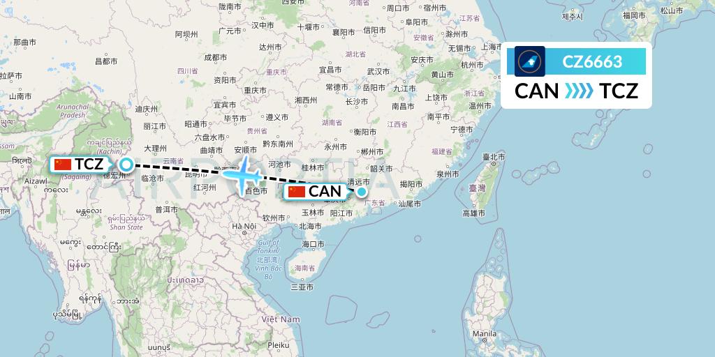 CZ6663 China Southern Airlines Flight Map: Guangzhou to Tengchong
