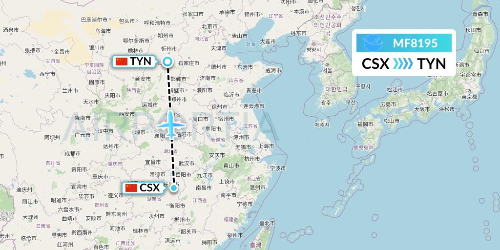 MF8195 Xiamen Airlines Flight Map: Changsha to Taiyuan