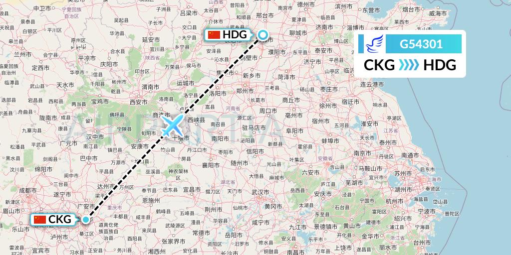 G54301 China Express Airlines Flight Map: Chongqing to Handan