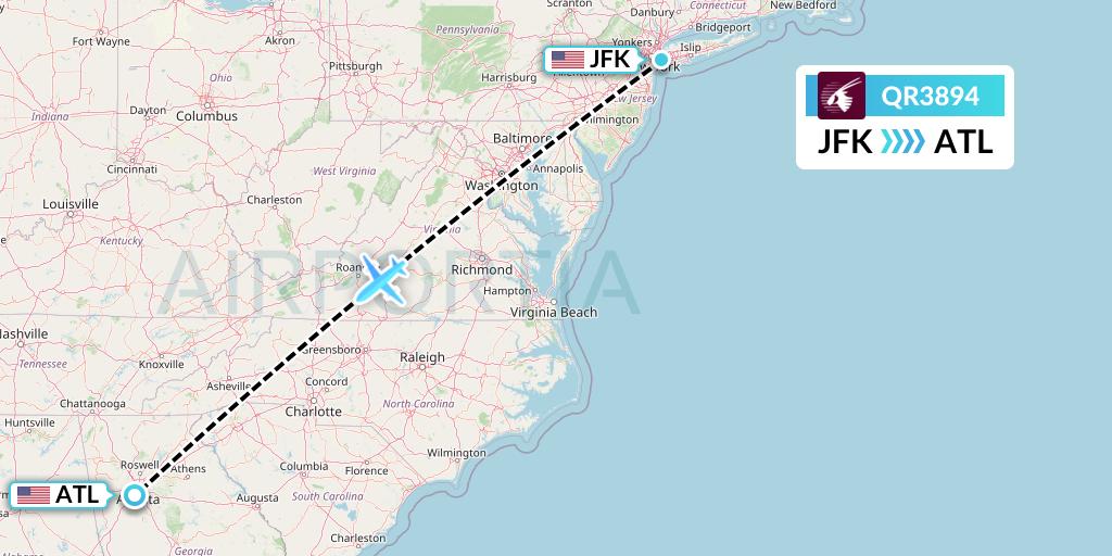 QR3894 Qatar Airways Flight Map: New York to Atlanta
