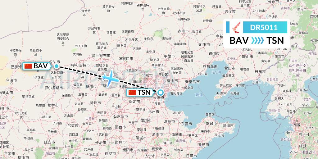 DR5011 Ruili Airlines Flight Map: Baotou to Tianjin