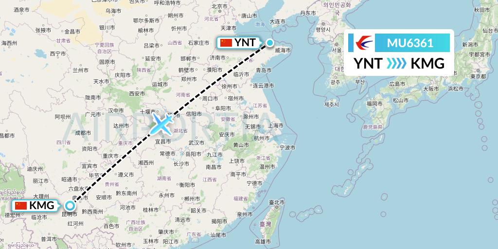 MU6361 China Eastern Airlines Flight Map: Yantai to Kunming