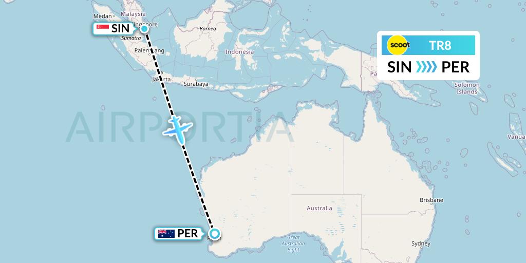 TR8 Tigerair Flight Map: Singapore to Perth