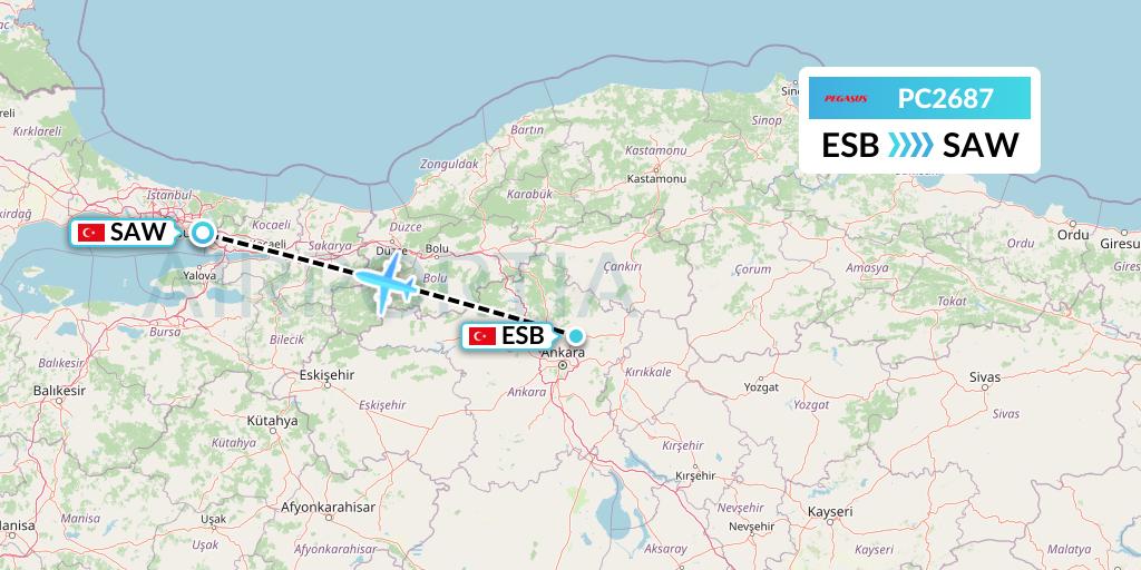 PC2687 Pegasus Airlines Flight Map: Ankara to Istanbul