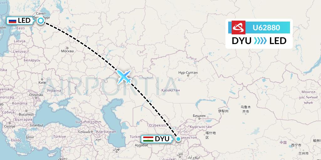 U62880 Ural Airlines Flight Map: Dushanbe to St. Petersburg