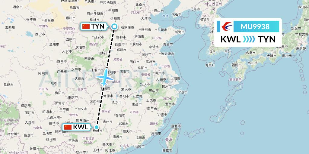 MU9938 China Eastern Airlines Flight Map: Guilin to Taiyuan