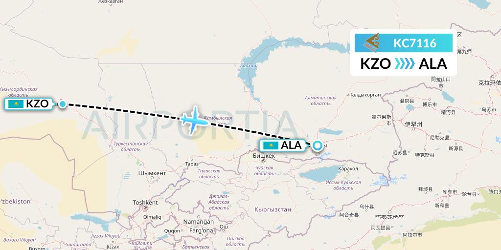 KC7116 Air Astana Flight Map: Kyzylorda to Almaty