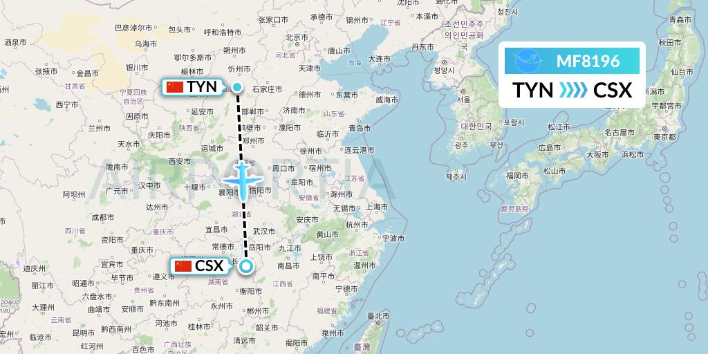 MF8196 Xiamen Airlines Flight Map: Taiyuan to Changsha