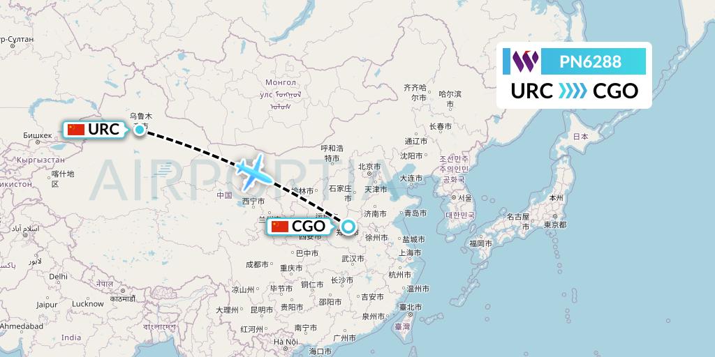 PN6288 China West Air Flight Map: Urumqi to Zhengzhou
