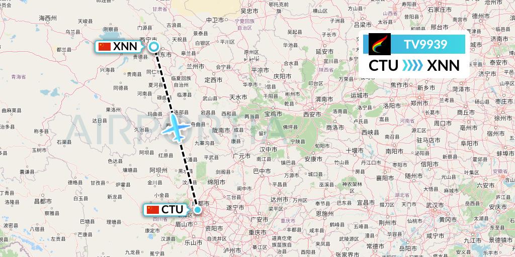 TV9939 Tibet Airlines Flight Map: Chengdu to Xining