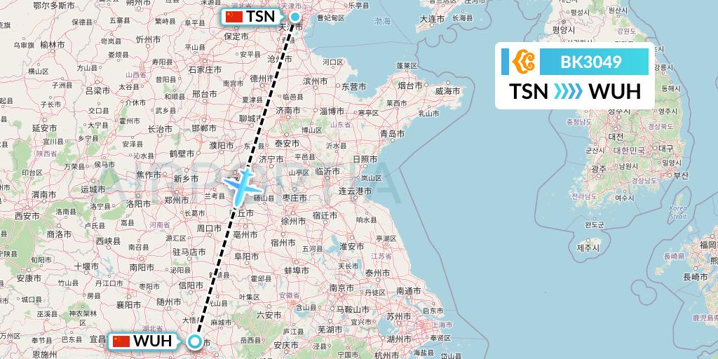 BK3049 Okay Airways Flight Map: Tianjin to Wuhan