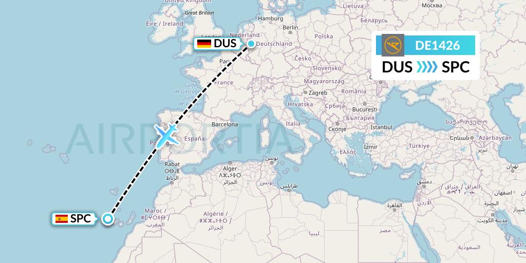 DE1426 Condor Flight Map: Dusseldorf to La Palma