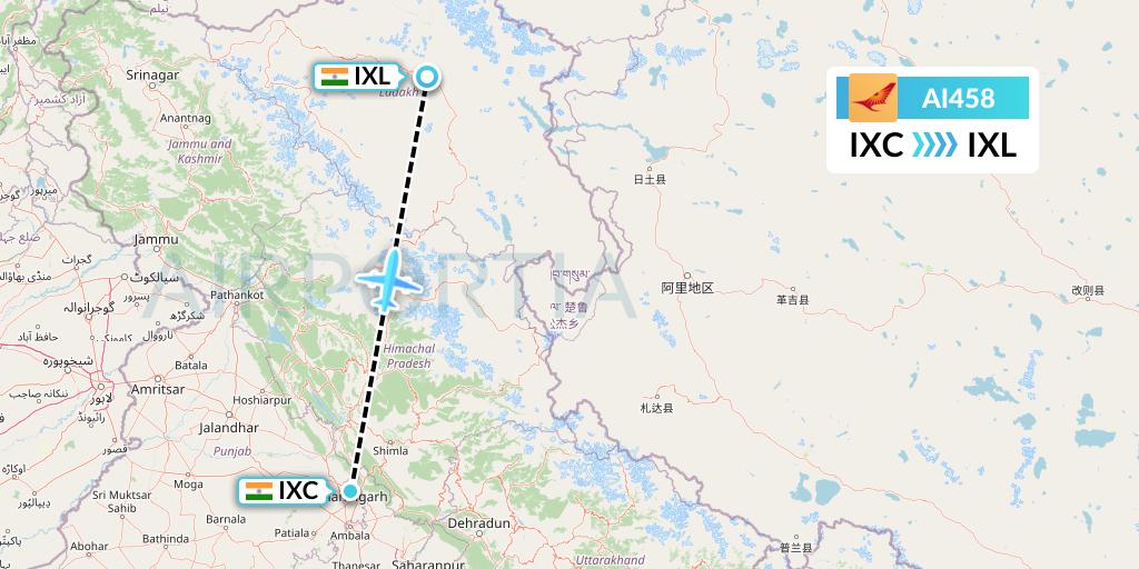 AI458 Air India Flight Map: Chandigarh to Leh