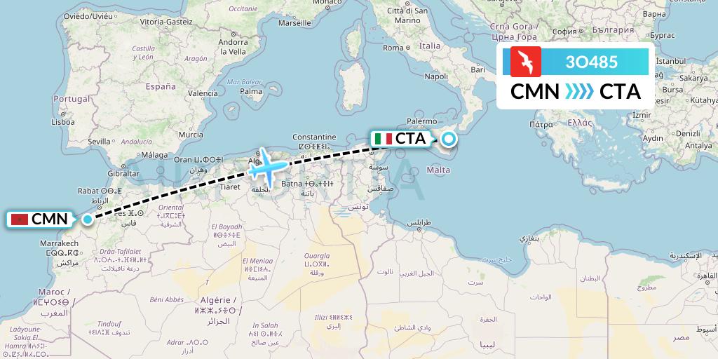 3O485 Air Arabia Maroc Flight Map: Casablanca to Catania